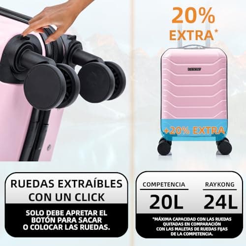 Detalle de RAYKONG Maleta de cabina ABS 24L 40x30x20 con ruedas desmontables (rosa claro)