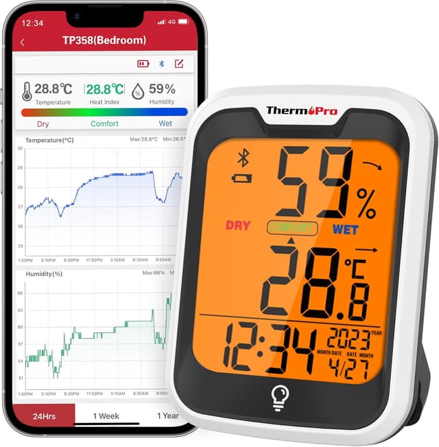 Detalle de ThermoPro TP358 termometro igrometro Bluetooth interno con orologio e retroilluminato, controllo via app