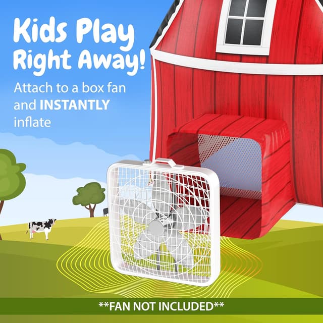 Detalle de W&O Farmhouse Barn Inflatable Play Tent with LED Lights, Farm Sound Button & Fan Setup (Fan Not Included)