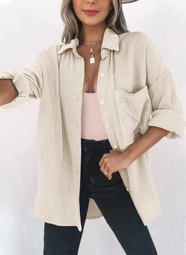 Detalle 2 de Dokotoo Damen Musselin-Bluse mit Knopfleiste, Langarm und Farbblock-Design (S–XXL)