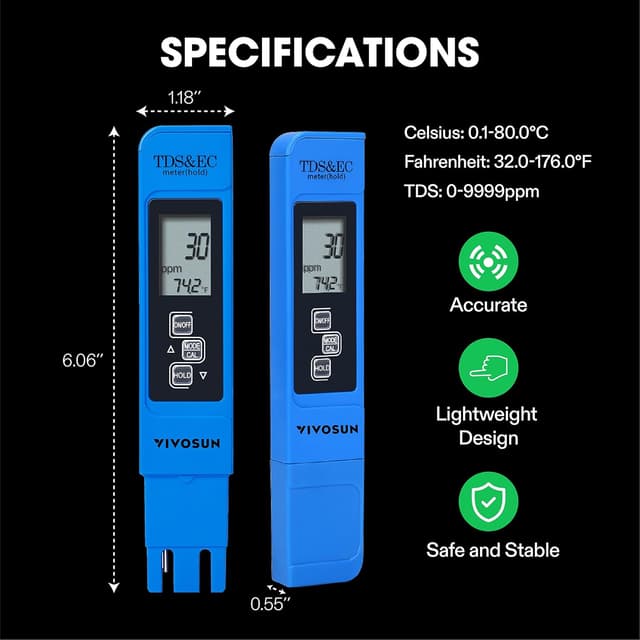 Detalle de VIVOSUN TDS Tester 3 in 1: misura TDS, EC e temperatura dell’acqua (blu)
