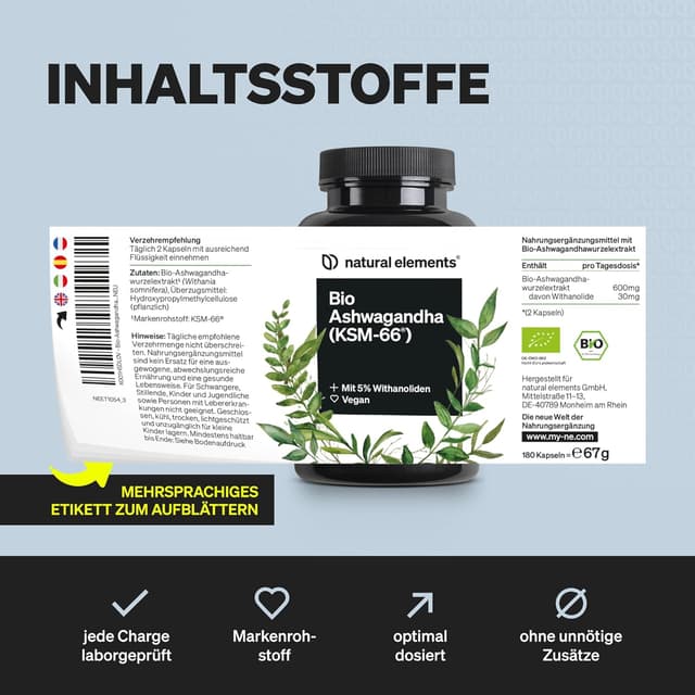 Thumbnail 5 de natural elements Bio-Ashwagandha KSM-66 180 Kapseln
