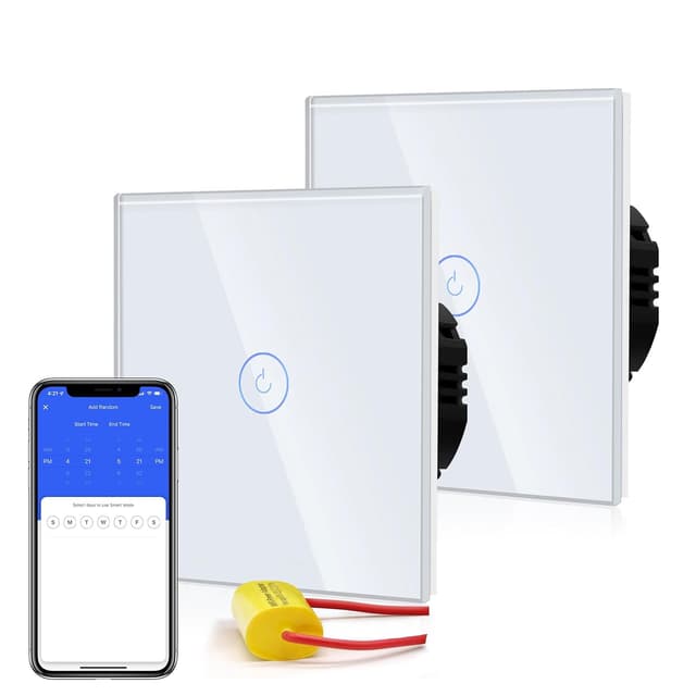 Detalle de BSEED Smart Light Switch (WiFi touch, glass panel) — no neutral wire, 1-gang 1-way, 2-pack