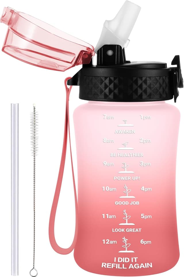 Detalle de GOPPUS 350ml Kids Water Bottle with Straw, Flip Top Lid & Strap (Blush Pink Ombre)