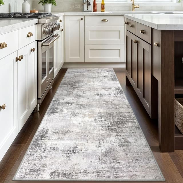 Detalle de IOHOUZE Abstract Runner Rug, 3x8 Ft Washable Non-Slip Hallway & Kitchen Runner (Grey Beige)