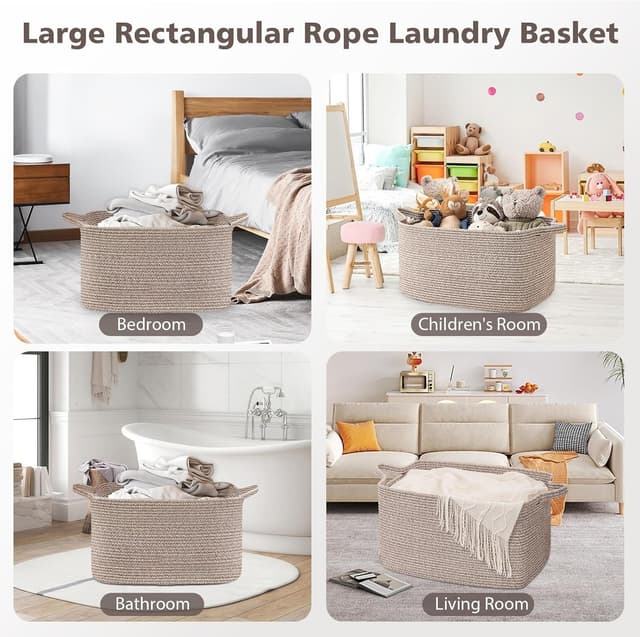 Detalle de Large Foldable Woven Cotton Laundry Basket with Handles (55 × 38 × 30cm) – Brown