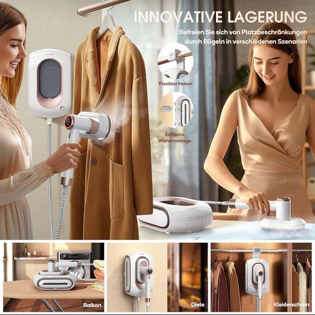 Detalle 2 de Newbealer Dampfbügelstation mit 1600 W, 3 Dampfstufen, 1,2-l-Wassertank und Wandmontage (Gold)