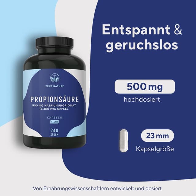 Detalle 2 de TRUE NATURE Propionsäure (Natriumpropionat) – 240 Kapseln mit 500 mg je Kapsel, vegan
