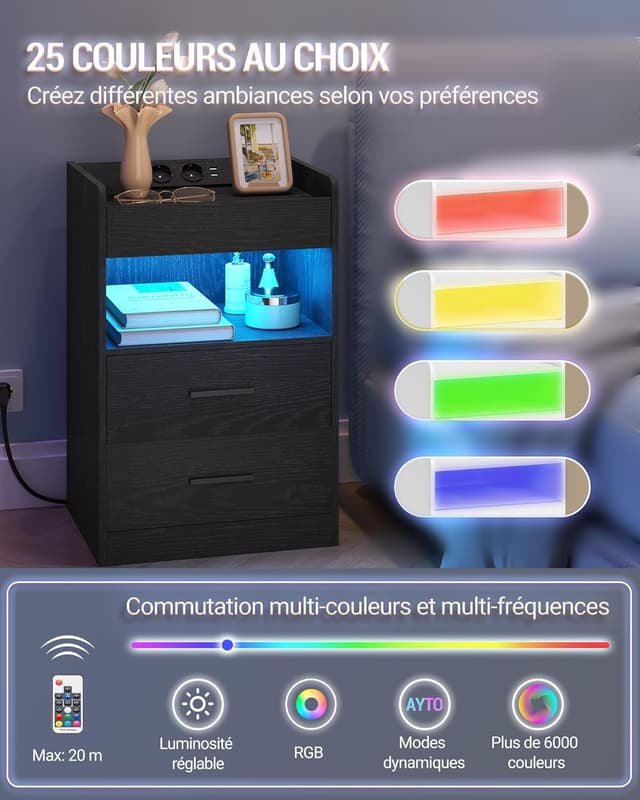 Detalle 2 de Hzuaneri table de chevet avec compartiment caché, éclairage LED, 2 prises et 2 ports USB (Noir NS33504XEU)