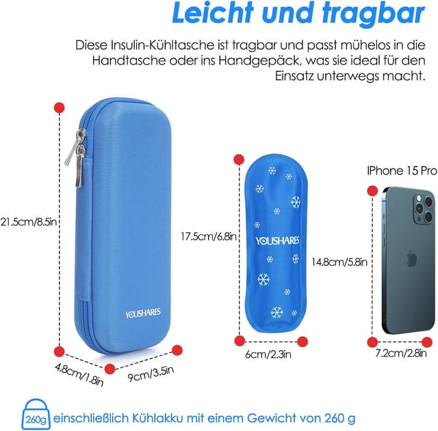 Detalle de YOUSHARES Insulin-Kühltasche mit 2 Kühlakkus (TSA) für Insulin Pen, EpiPen & Zubehör – blau