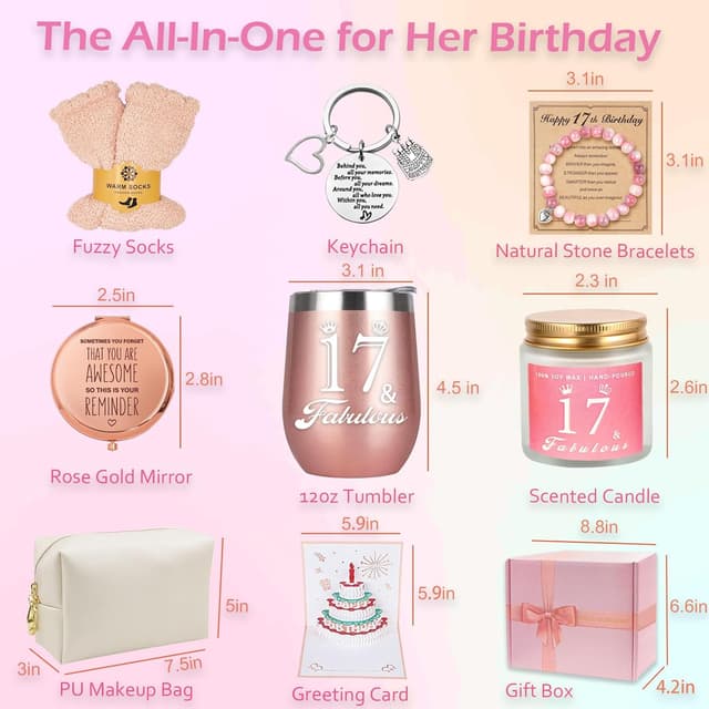 Detalle de Geschenke für 17 Jährige Mädchen Geburtstags-Set mit Geschenkbox (Edelstahl-Weinbecher, Armband, Duftkerze & mehr)