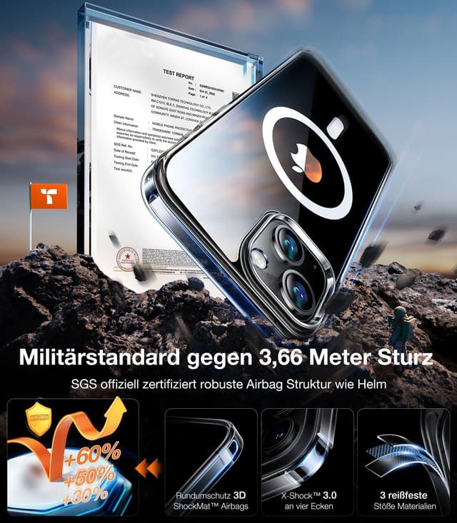 Detalle 2 de TORRAS Diamond-Mag Hülle für iPhone 15 mit MagSafe, transparent und kratzfest