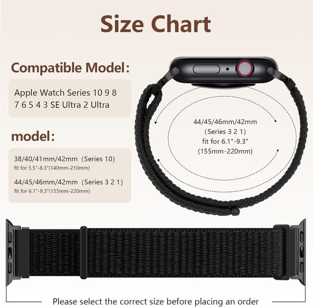 Detalle de CeMiKa Nylon Loop Strap for Apple Watch (Black) – breathable sports nylon for 46mm/42mm/44mm/45mm/49mm