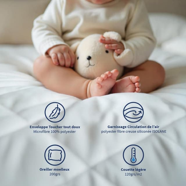 Detalle de Bleu Câlin Pack Bébé Couette légère 75 x 120 cm + Oreiller moelleux 40 x 60 cm (lit bébé 60 x 120 cm), lavable à 95°C, certifié Oeko-Tex