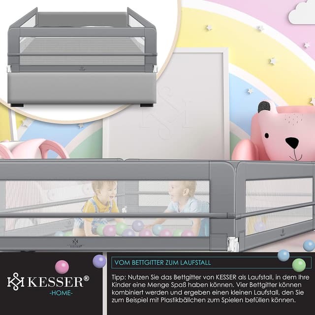 Detalle 2 de KESSER Bettgitter 200 cm – klappbar, tragbar, 42 cm hoch (Kinder- & Baby-Bettschutzgitter) in Hellgrau