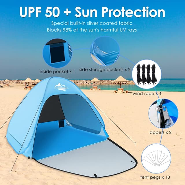 Detalle de Pop Up Beach Tent – Automatic Portable Sun Shelter with UPF 50+ UV Protection, Waterproof (3 Person), Blue