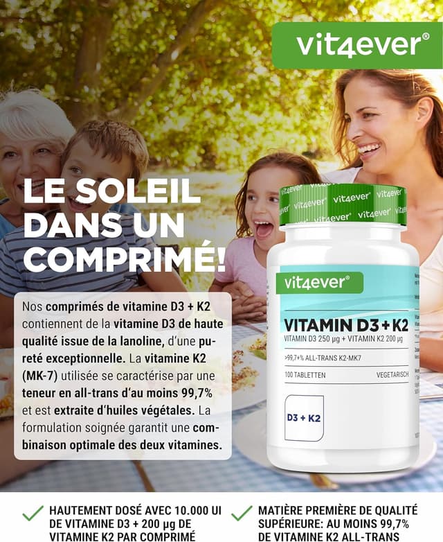 Detalle 2 de Vit4ever Vitamine D3 + K2 MK-7-100, 10 000 UI de D3 et 200 µg de K2 (MK-7), 100 comprimés