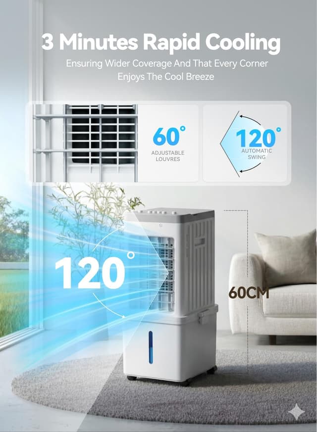 Detalle 2 de Portable Air Conditioner 4-in-1 Evaporative Air Cooler Fan with 12L Tank, 3 Ice Packs & Quiet 46dB