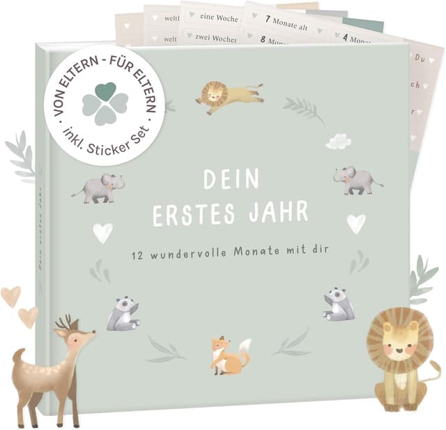 Detalle de mintkind® Mein erstes Jahr Babyalbum Salbei – sanftes Babytagebuch mit 176 Seiten & Sticker-Set (Hardcover, 21 x 21 cm)