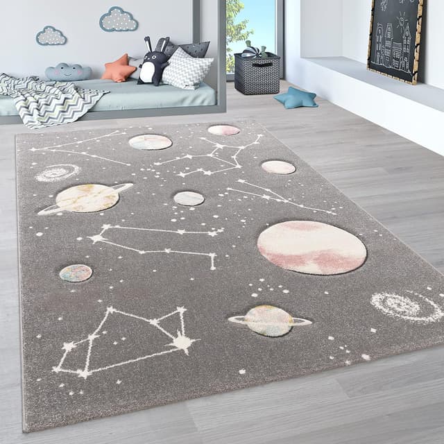 Detalle de Paco Home Kinder-Teppich 140x200 cm – Spielteppich mit Planeten und Sternen in Grau