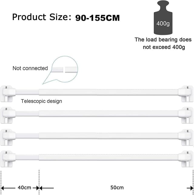 Detalle de BANJILI 2x Scheibengardinenstange (ausziehbar) 90–155 cm mit selbstklebenden Endhaken für Küche & Fenster