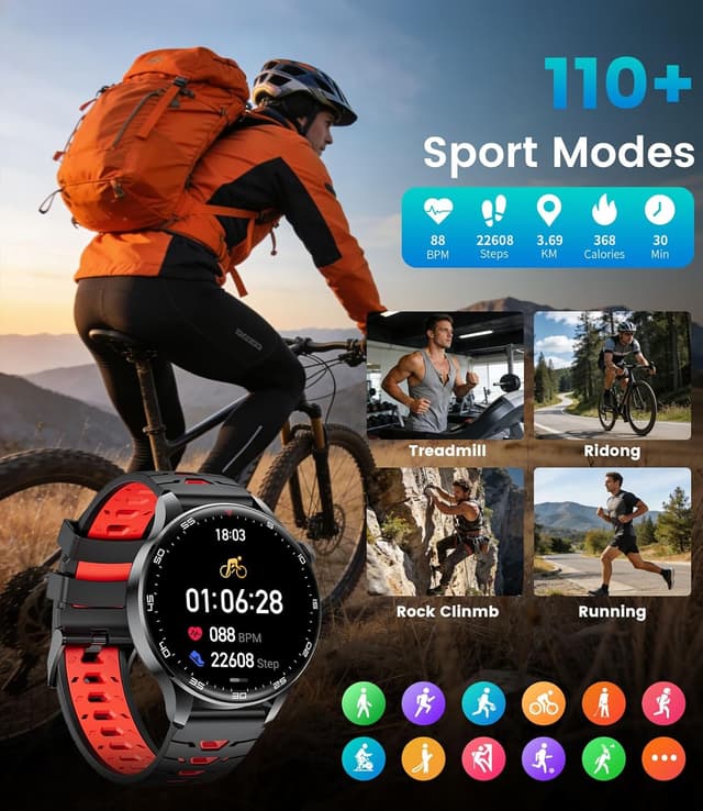 Detalle de Montre connectée homme Bluetooth avec appel 1,7" et écran HD – Noir/rouge