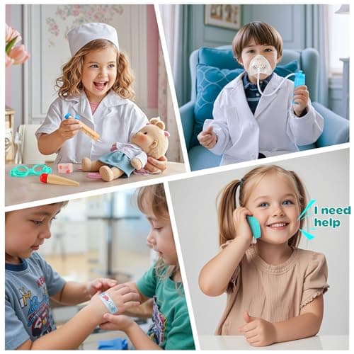 Detalle 2 de Perbabe Maletín médico de madera con estetoscopio real y kit de rol (32 piezas) para niños