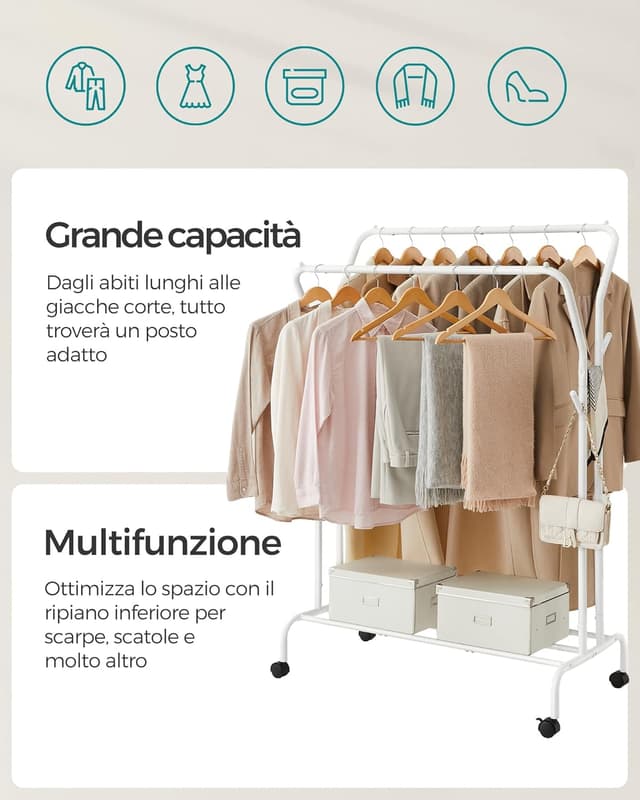 Detalle de SONGMICS Stand Appendiabiti Doppio HSR107W01 con ruote, struttura in acciaio e portata fino a 100 kg