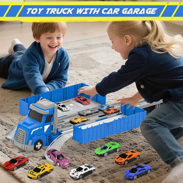 Detalle de maysida 3-in-1 Containerwagen Transport Truck mit faltbarer Rennbahn und 6 Spielzeugautos (ab 3 Jahren)