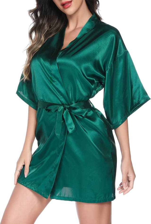 Detalle 2 de Vlazom Peignoir femme en satin satiné col V avec ceinture (peignoir de mariée/temoin/demoiselle d’honneur)