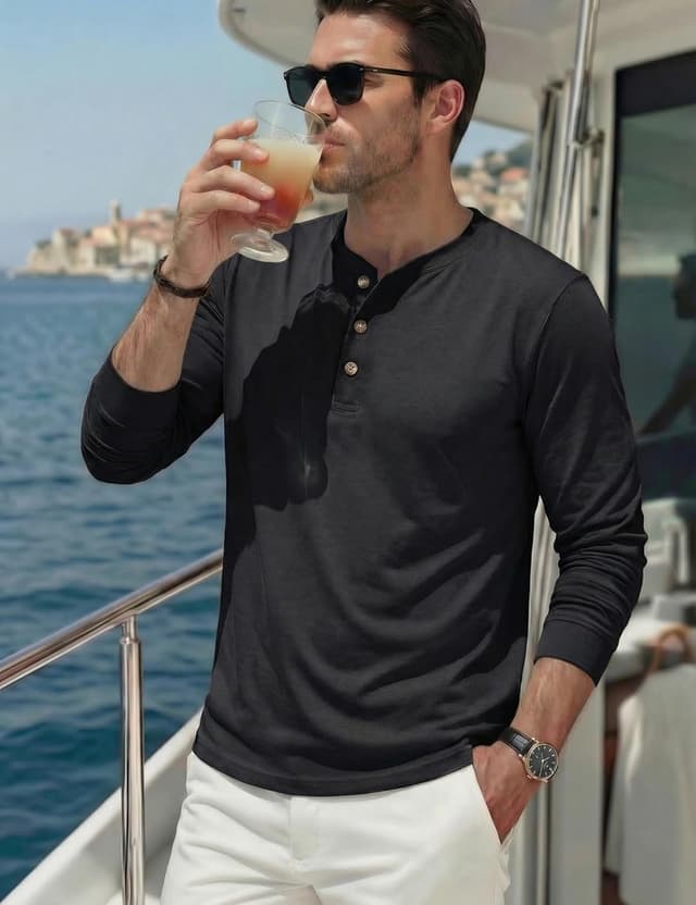 Detalle de TACVASEN men’s long sleeve cotton Henley T-shirt (3-button grandad collar) – casual button top