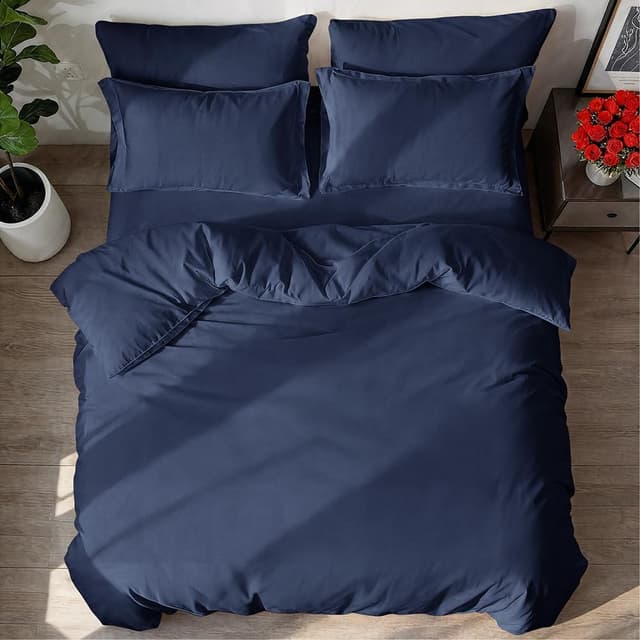 Detalle de Housse de couette 155x220 cm bleue marine (parure 3 pièces) avec 2 taies 80x80 cm en microfibre brossée