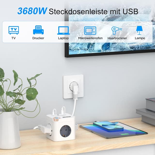 Detalle de Beizkna Steckdosenwürfel mit USB-C: 3-fach Mehrfachsteckdose mit Überspannungsschutz, Schalter und 1,5 m Kabel