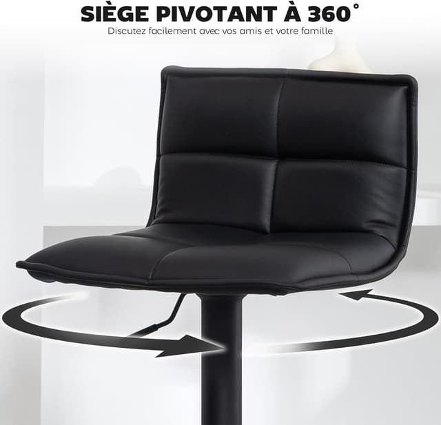 Detalle 1 de HOMCOM Lot de 2 tabourets de bar réglables avec assise pivotante en PU, dossier et repose-pieds (noir)
