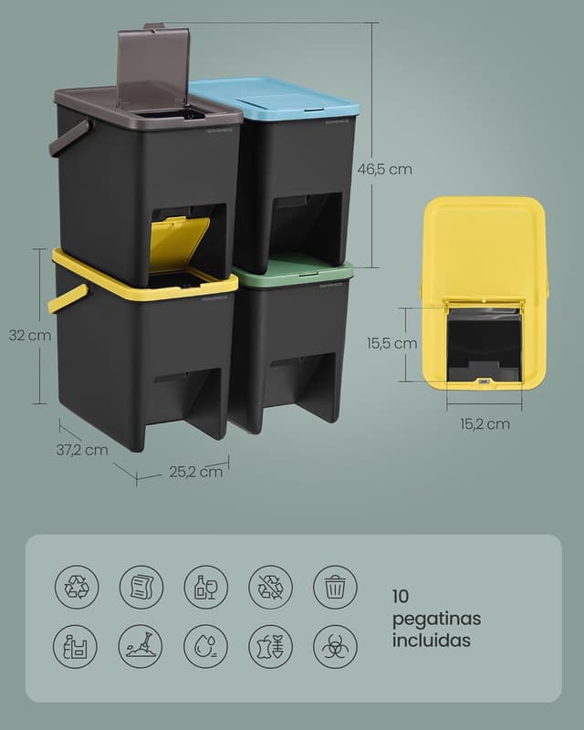 Thumbnail 2 de SONGMICS Cubo de Basura 4 Unidades 20 L apilables color amarillo azul marrón verde