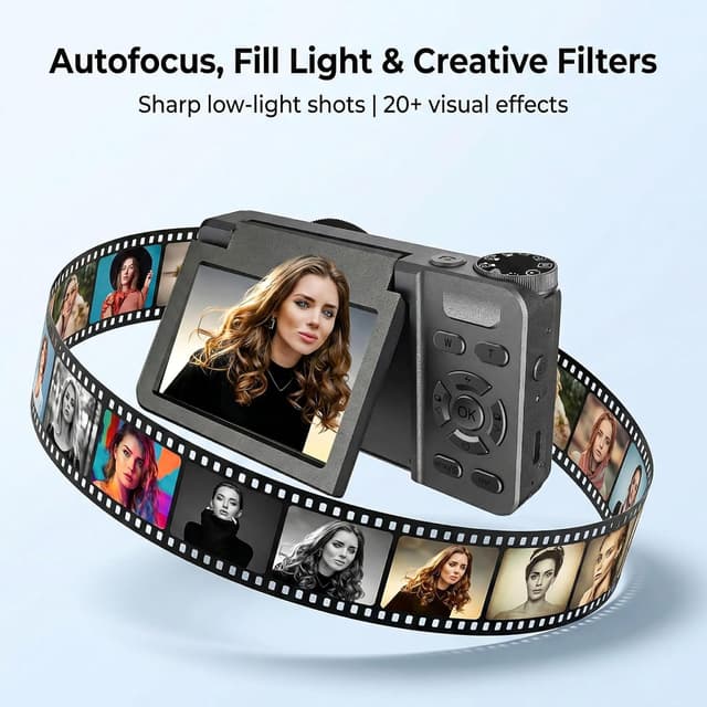 Detalle 2 de 4K Digital Camera (64MP Autofocus) with 3.0'' Flip Screen, Time Lapse, Slow Motion and 20 Filters — Portable for Photo & Vlog