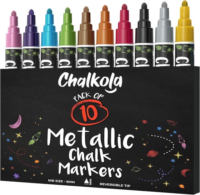 Detalle de Chalkola Kreidestifte für Tafel & Glas – 10 Metallic Marker mit 6 mm umkehrbarer Spitze