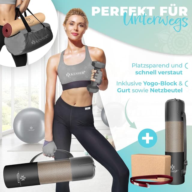 Detalle 2 de KESSER® Yogamatte Kork inkl. Tragegurt, Tasche & Block – rutschfeste Trainingsmatte (183 x 62 cm)