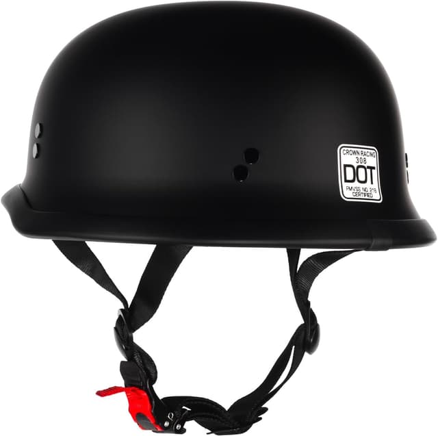 Detalle de Crown Racing German-Style Half Motorcycle Helmet (Model-308) — DOT Approved Open Face Retro Helmet, Matte Black