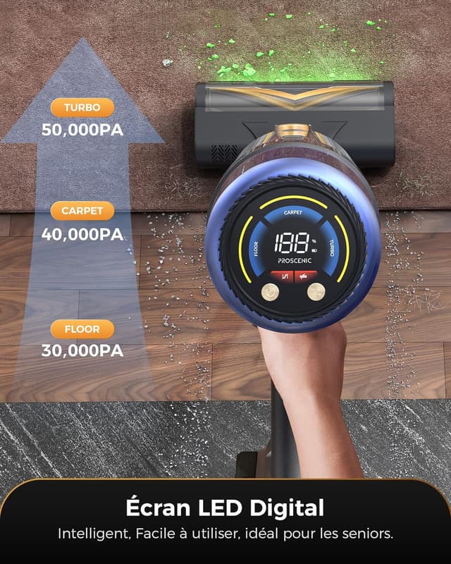 Thumbnail 6 de Proscenic P15+ : aspirateur balai sans fil 55 kPa, 70 min, brosse anti-enchevêtrement