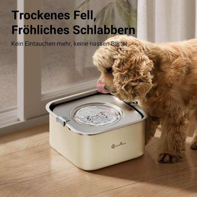 Detalle de DownyPaws Wassernapf für Hunde (ohne Sabbern), 3 L, Anti-Verschluck-Wasser, 304 Edelstahl – beige