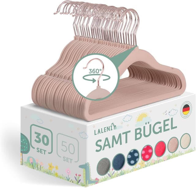 Detalle de Laleni Kinderkleiderbügel (30 Stück) mit Samtbezug, 360° drehbar & rutschfest – Rosegold & Puderrosa