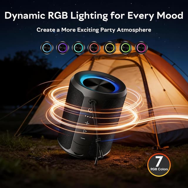 Detalle de DUDGSIS Portable Bluetooth Speaker (IPX7, 20W Stereo) with Beat-Synced RGB Light