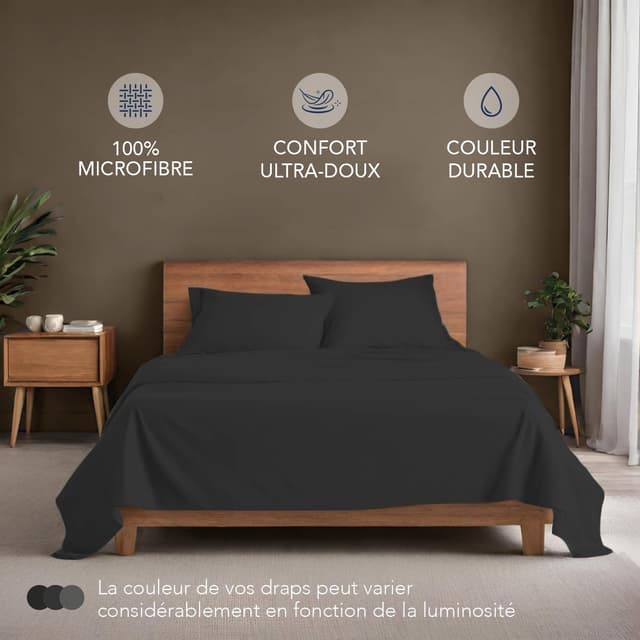 Detalle de Parure de lit Dreamzie 160x200 cm (4 pièces) en microfibre certifiée Oeko-Tex – Gris foncé