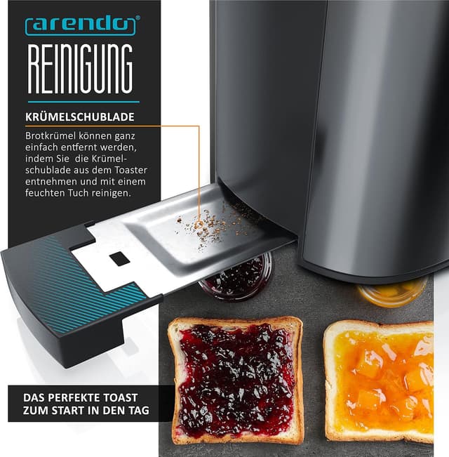 Detalle de Arendo Frukost 2-Scheiben Langschlitztoaster (Defrost, Doppelwandgehäuse, Brötchenaufsatz) – Cool Grey
