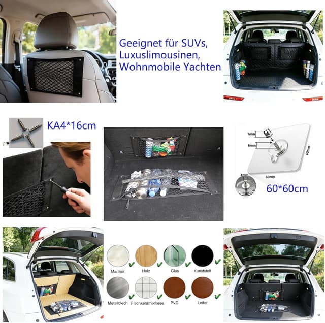 Detalle 2 de Kofferraum Taschen Auto Klett – Gepäcknetz & Organizer (2er Set) mit 3 Montagearten und verstärkten Metallösen