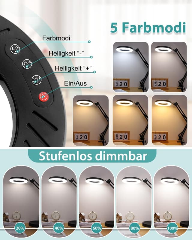 Detalle de Coteck 12X Lupe mit Licht und Ständer – 2-in-1 LED-Schreibtischlampe mit Klemme, stufenlos dimmbar