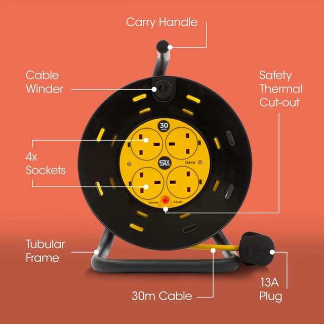 Detalle de SLx Extension Lead 30m Heavy Duty Cable Reel with 4 Sockets and Thermal Cut-Out Protection (13A fused UK plug)