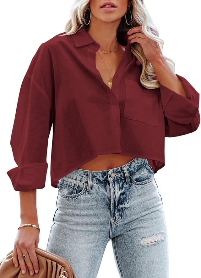 Detalle de Tankaneo Women’s Button-Down Cropped Shirt (Long Sleeve) with Chest Pocket