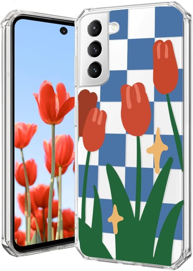 Detalle de CAROKI Clear Case for Samsung Galaxy S22 5G – shockproof transparent TPU bumper cover with tulip pattern